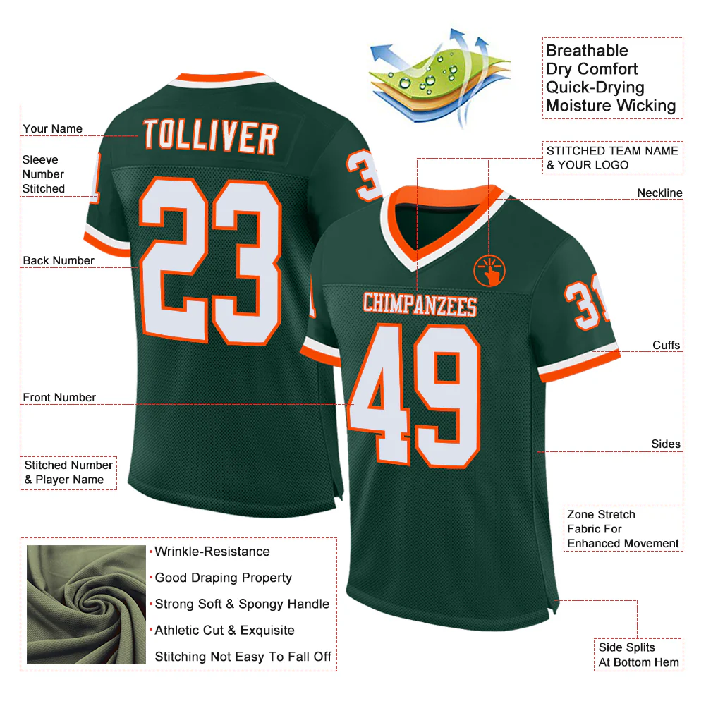 Custom Green White-Orange Mesh Authentic Throwback Football Jersey