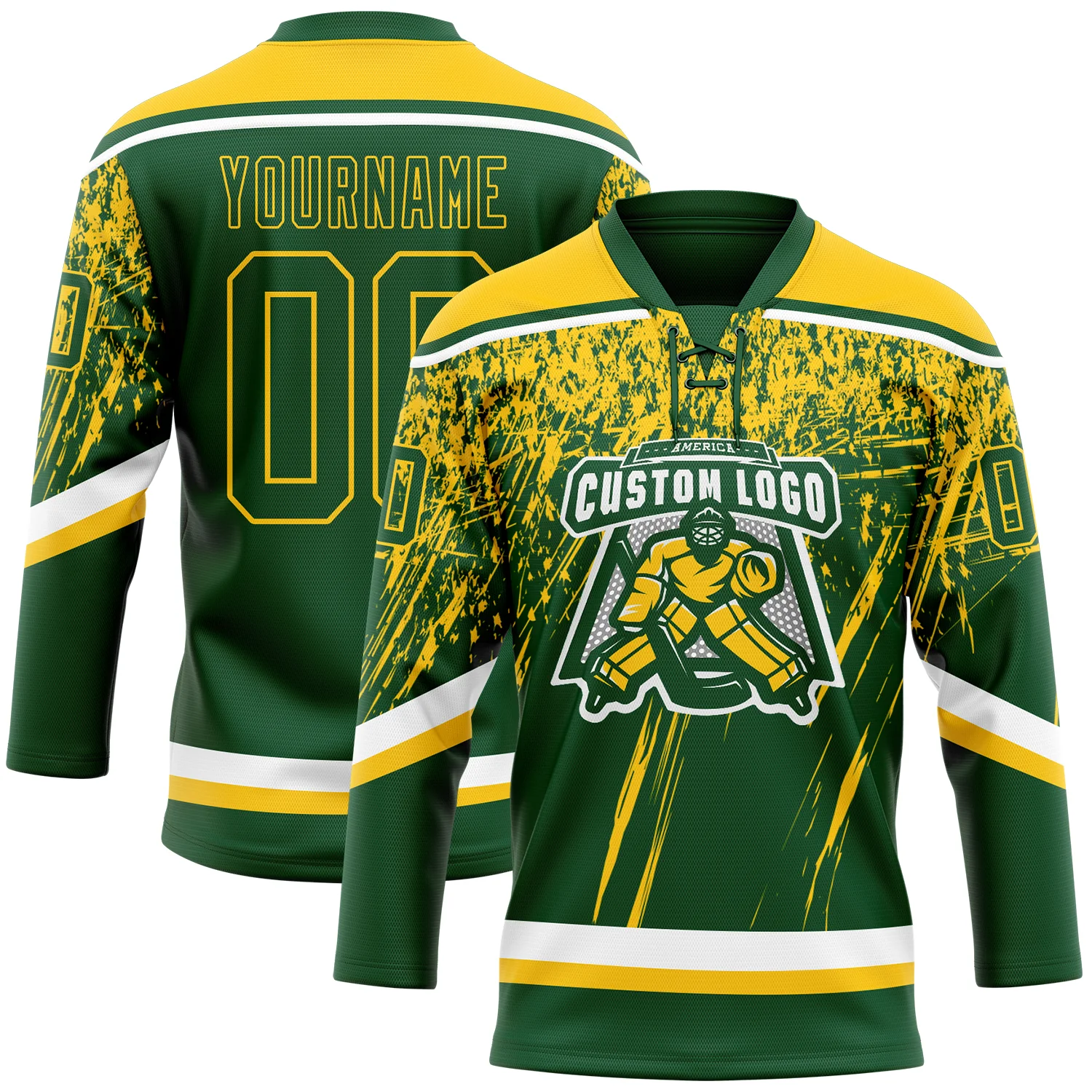 Custom Green Yellow-White 3D Splash Hockey Lace Neck Jersey