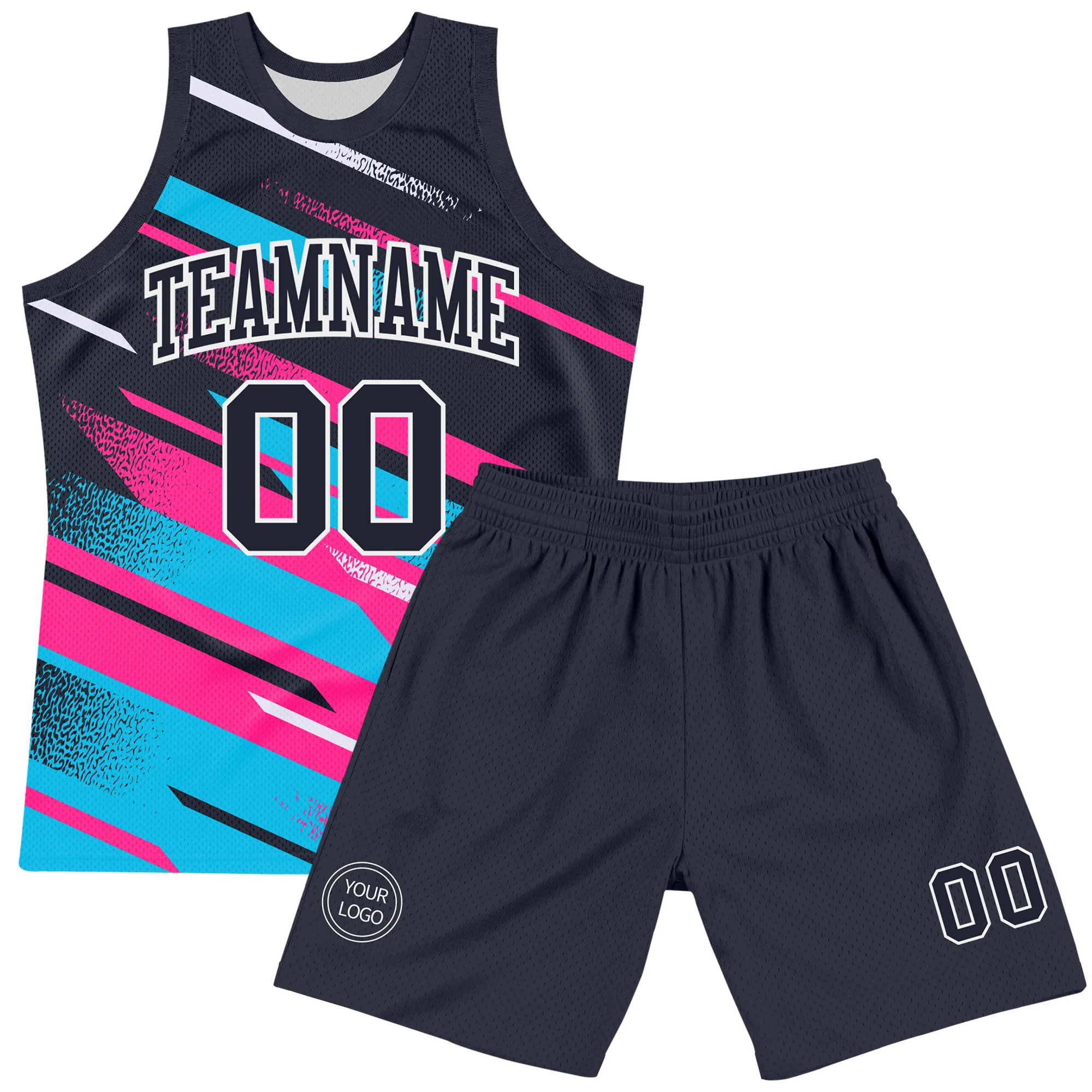 Custom Navy Pink Light Blue-White Line Round Neck Sublimation Basketball Suit Jersey