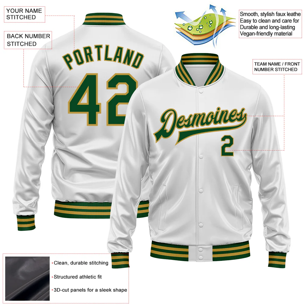 Custom White Green-Old Gold Bomber Full-Snap Varsity Faux Leather Letterman Jacket