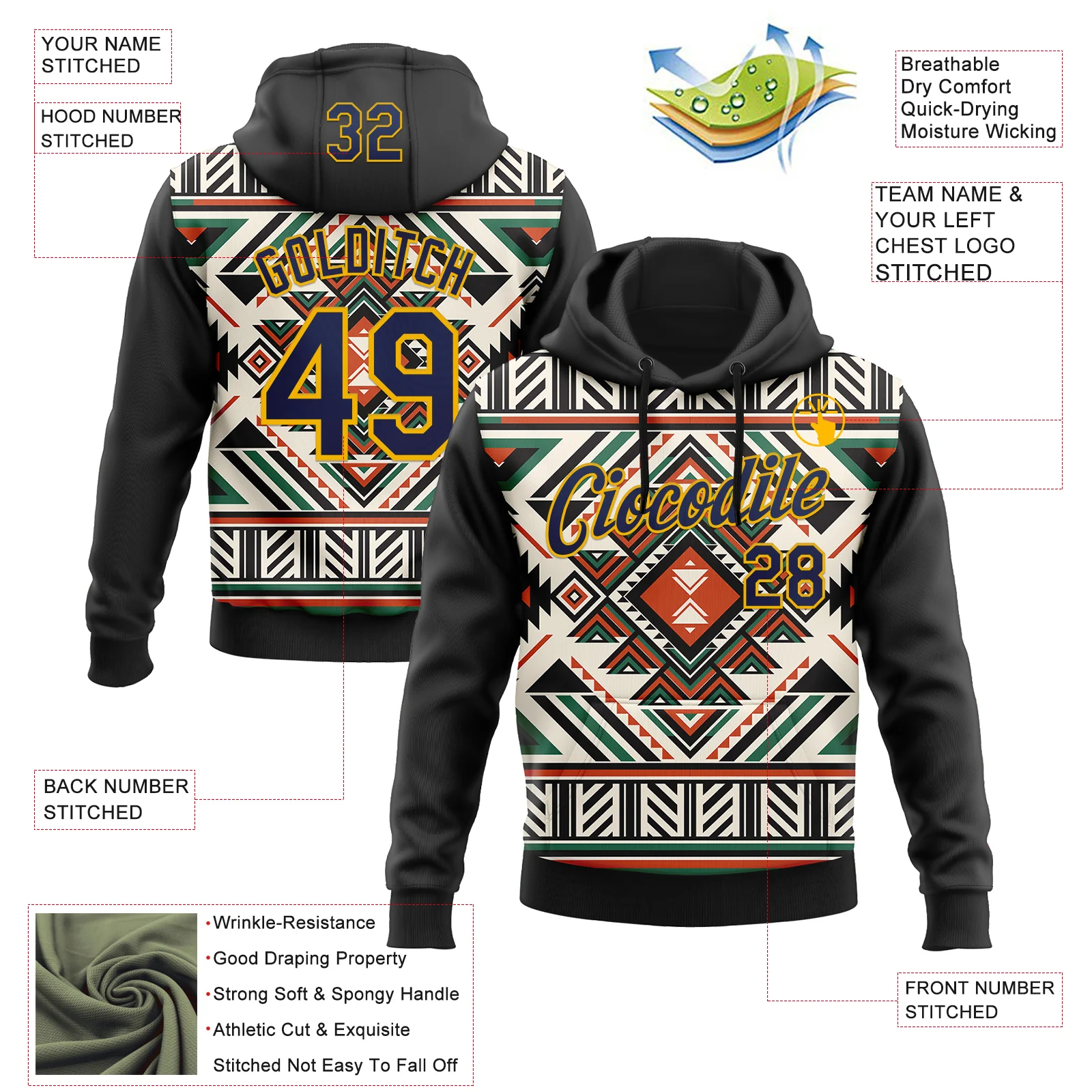 Custom Stitched Black Navy-Gold 3D Pattern Design Tribal Ethnic Native American Sports Pullover Sweatshirt Hoodie