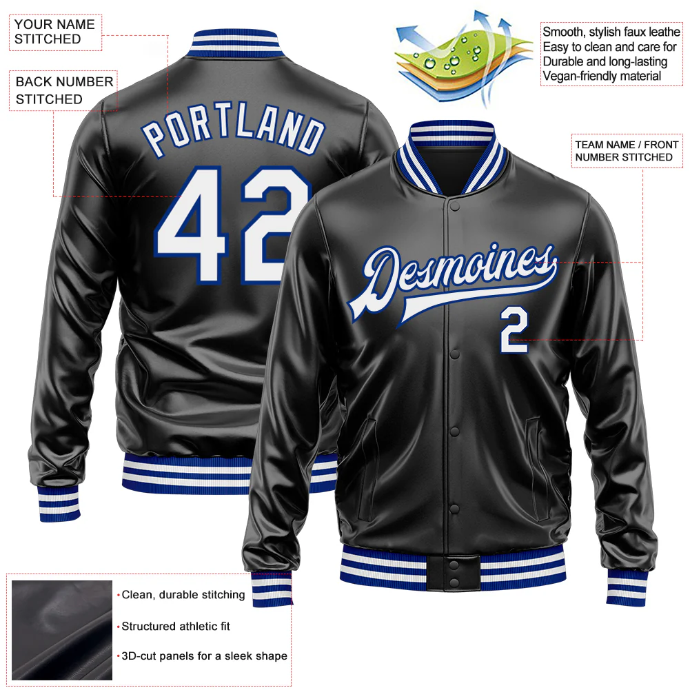 Custom Black White-Royal Bomber Full-Snap Varsity Faux Leather Letterman Jacket