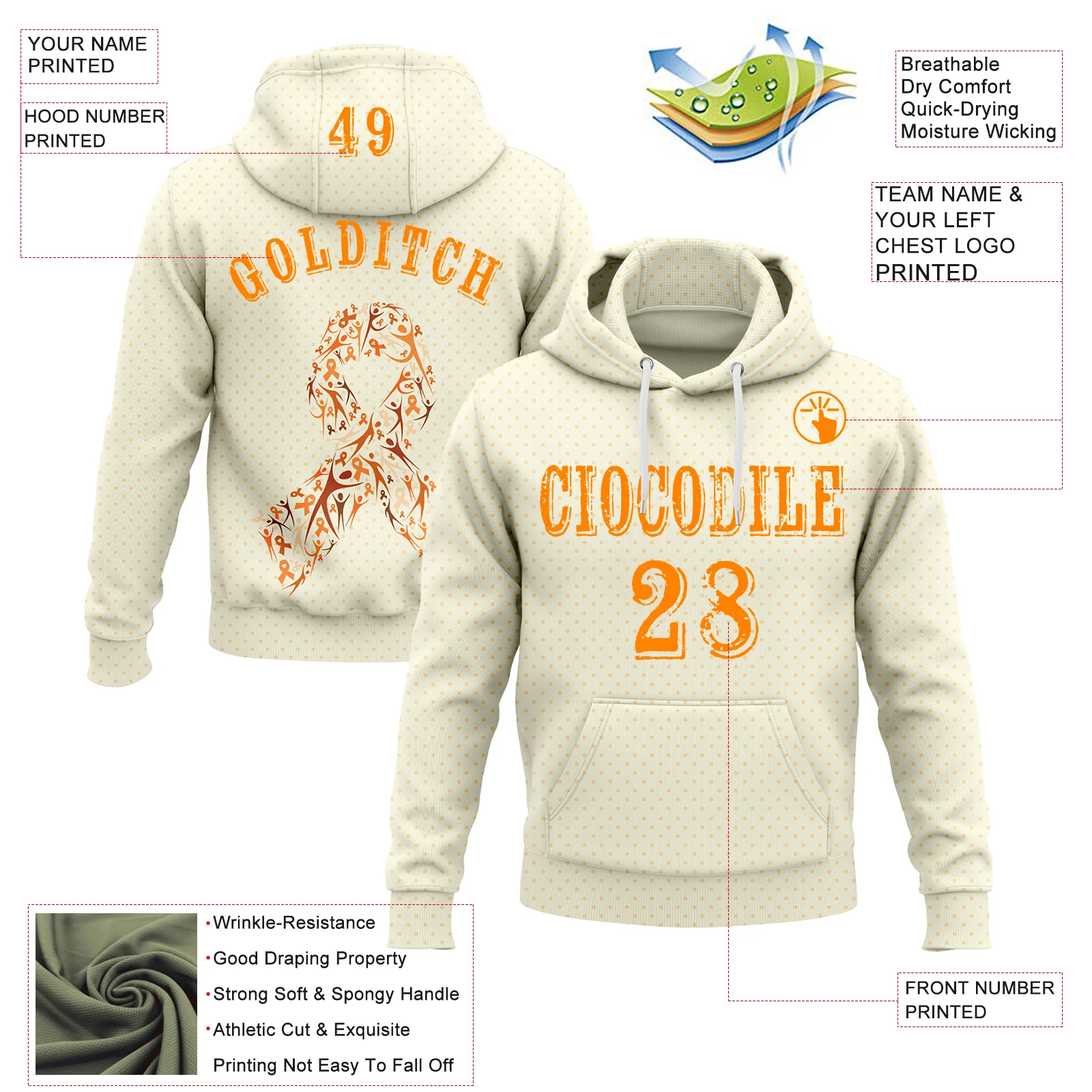 Custom Cream Bay Orange 3D Kidney Cancer World Cancer Day Ribbon Support Sports Pullover Sweatshirt Hoodie