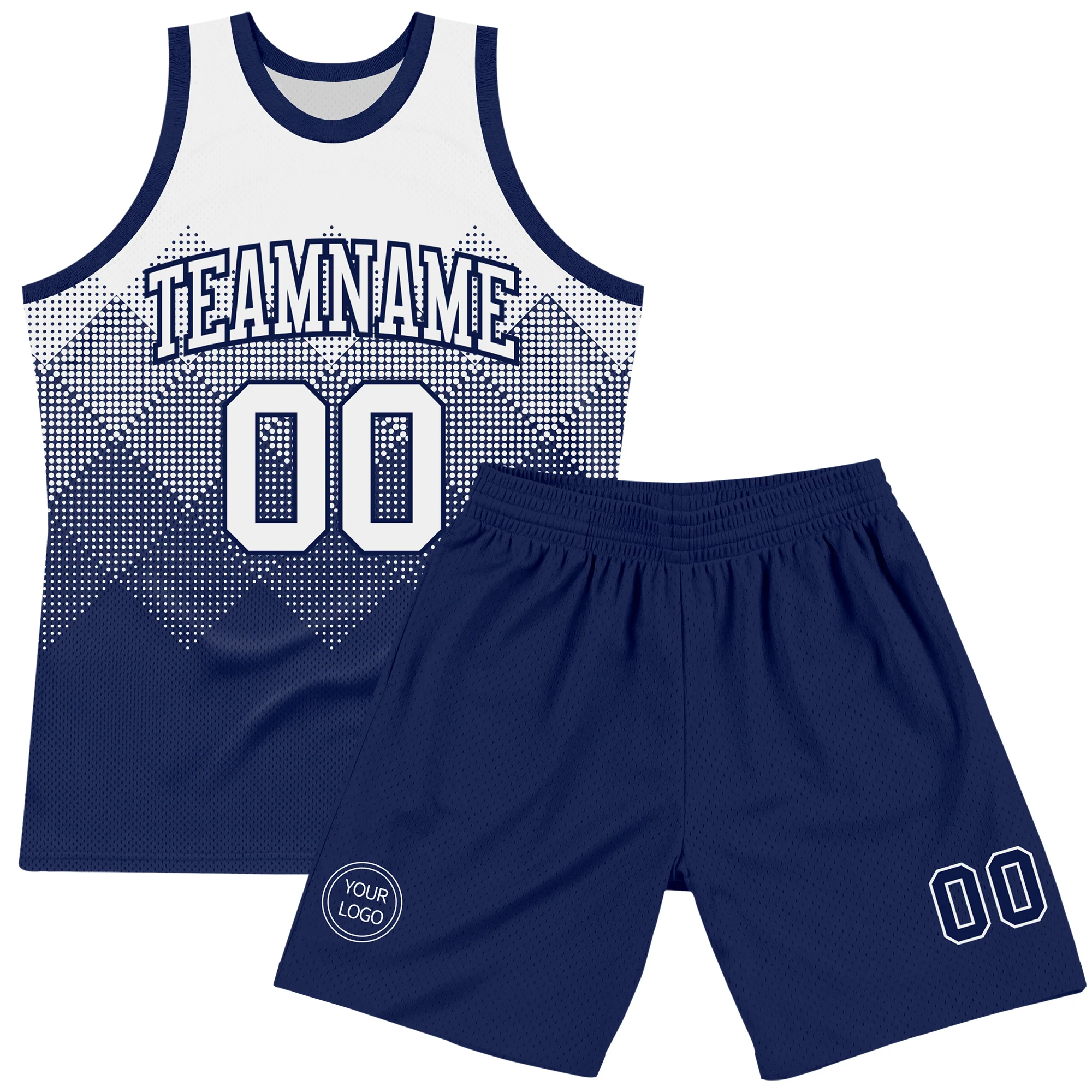Custom White Navy Gradient Square Shapes Round Neck Sublimation Basketball Suit Jersey