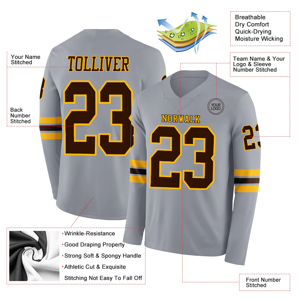 Custom Gray Brown-Gold Long Sleeve Authentic Football Jersey