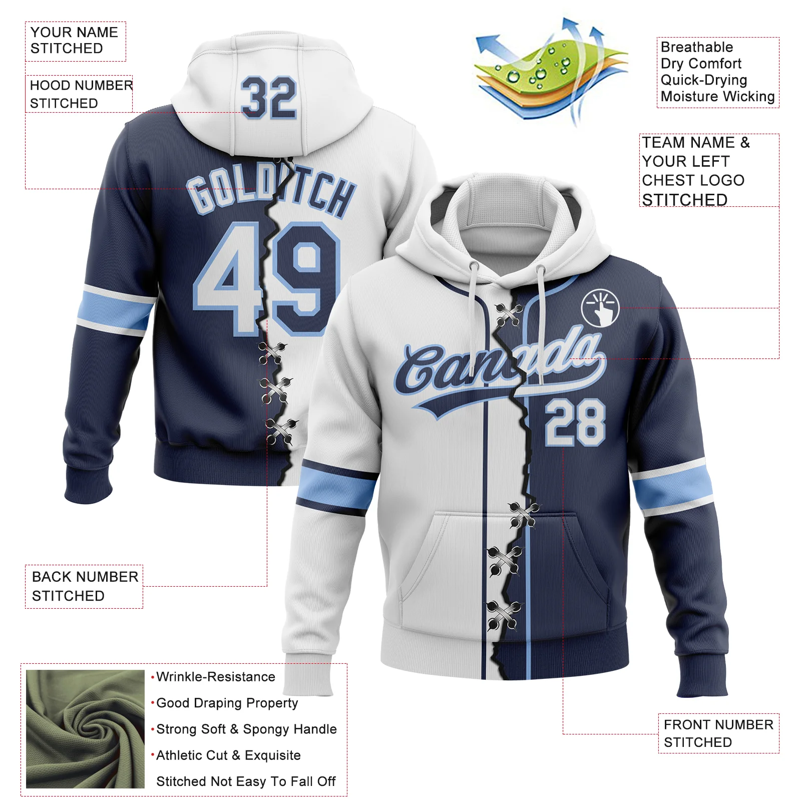 Custom Navy White-Light Blue Split Ripped Pattern Baseball Pullover Sweatshirt Hoodie