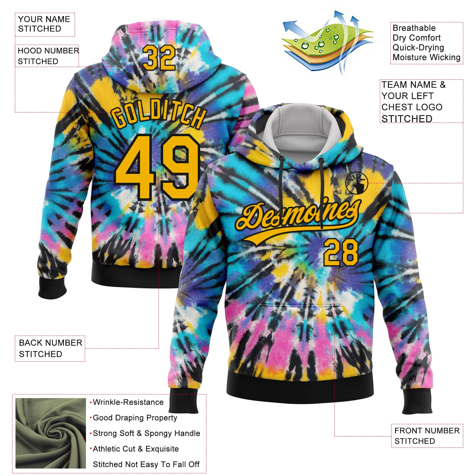 Custom Stitched Tie Dye Gold-Black 3D Sports Pullover Sweatshirt Hoodie