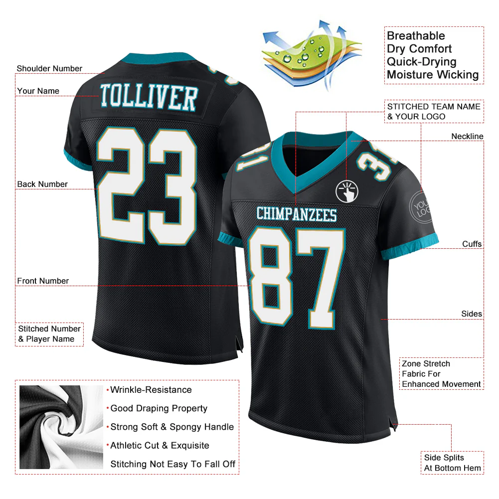 Custom Black White-Teal Mesh Authentic Football Jersey