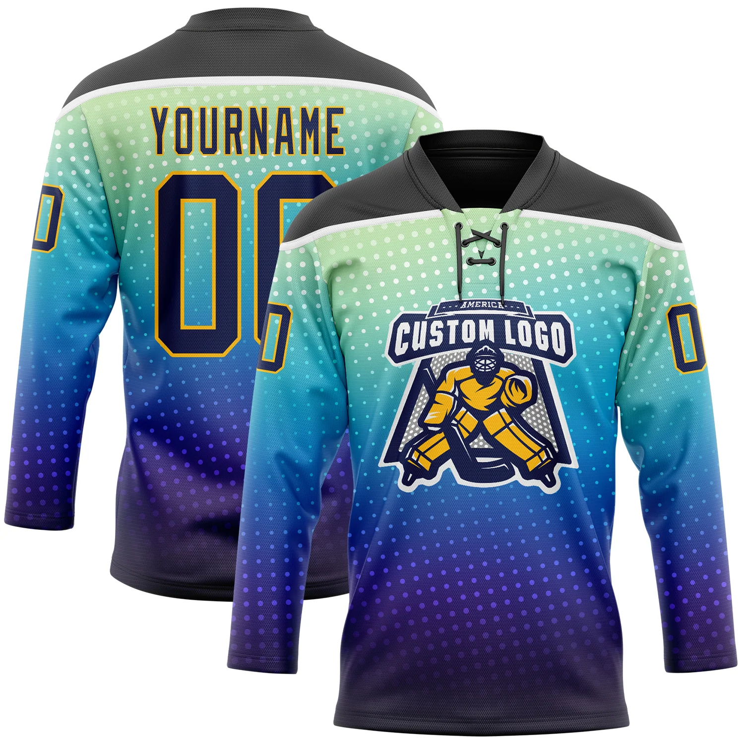 Custom Black Navy Blue Gold-White 3D Pattern Abstract Gradient Halftone Hockey Lace Neck Jersey