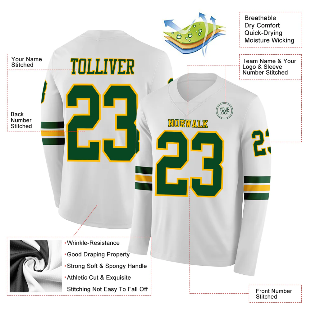 Custom White Green-Gold Long Sleeve Authentic Football Jersey