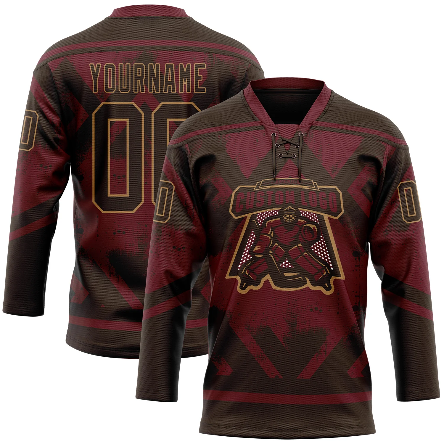 Custom Burgundy Brown-Old Gold 3D Pattern Tribal Indigenous Grunge Splash Hockey Lace Neck Jersey