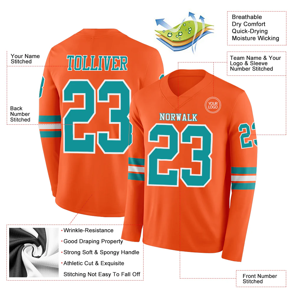 Custom Orange Teal-White Long Sleeve Authentic Football Jersey