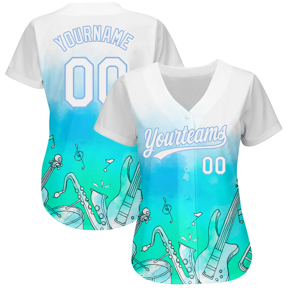 Custom White Light Blue 3D Pattern Design Music Festival Musical Instruments Authentic Baseball Jersey