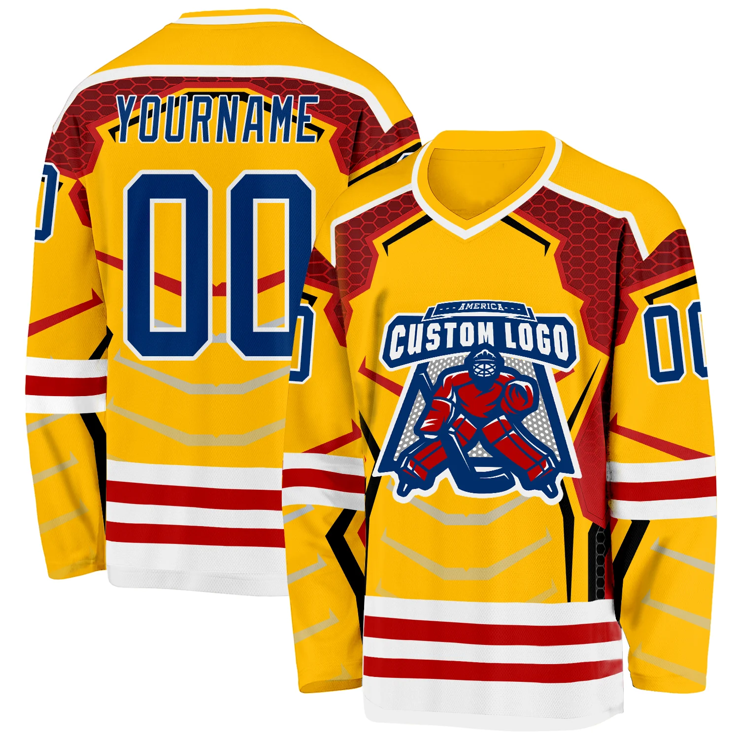 Custom Gold US Navy Blue Red-White 3D Pattern Cyber Mecha E-sport Hockey Jersey