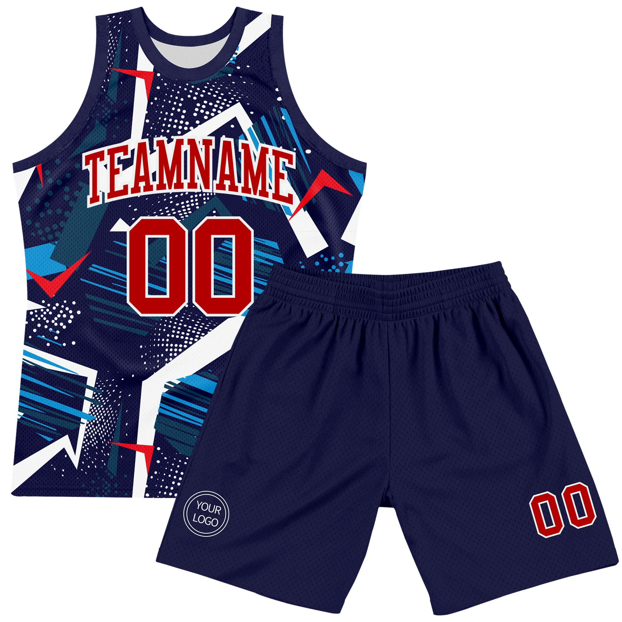 Custom Navy Red-White Geometric Shape Round Neck Sublimation Basketball Suit Jersey