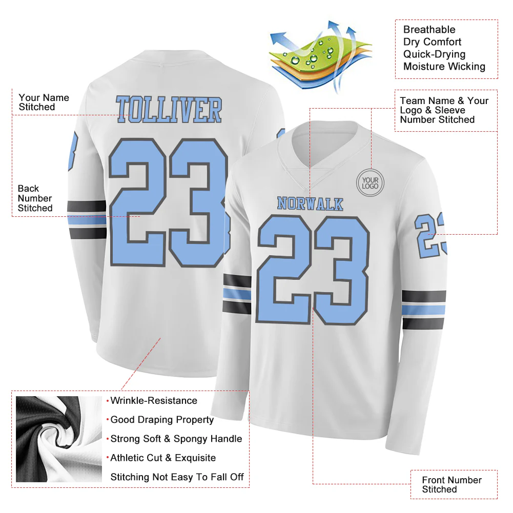 Custom White Light Blue-Steel Gray Long Sleeve Authentic Football Jersey