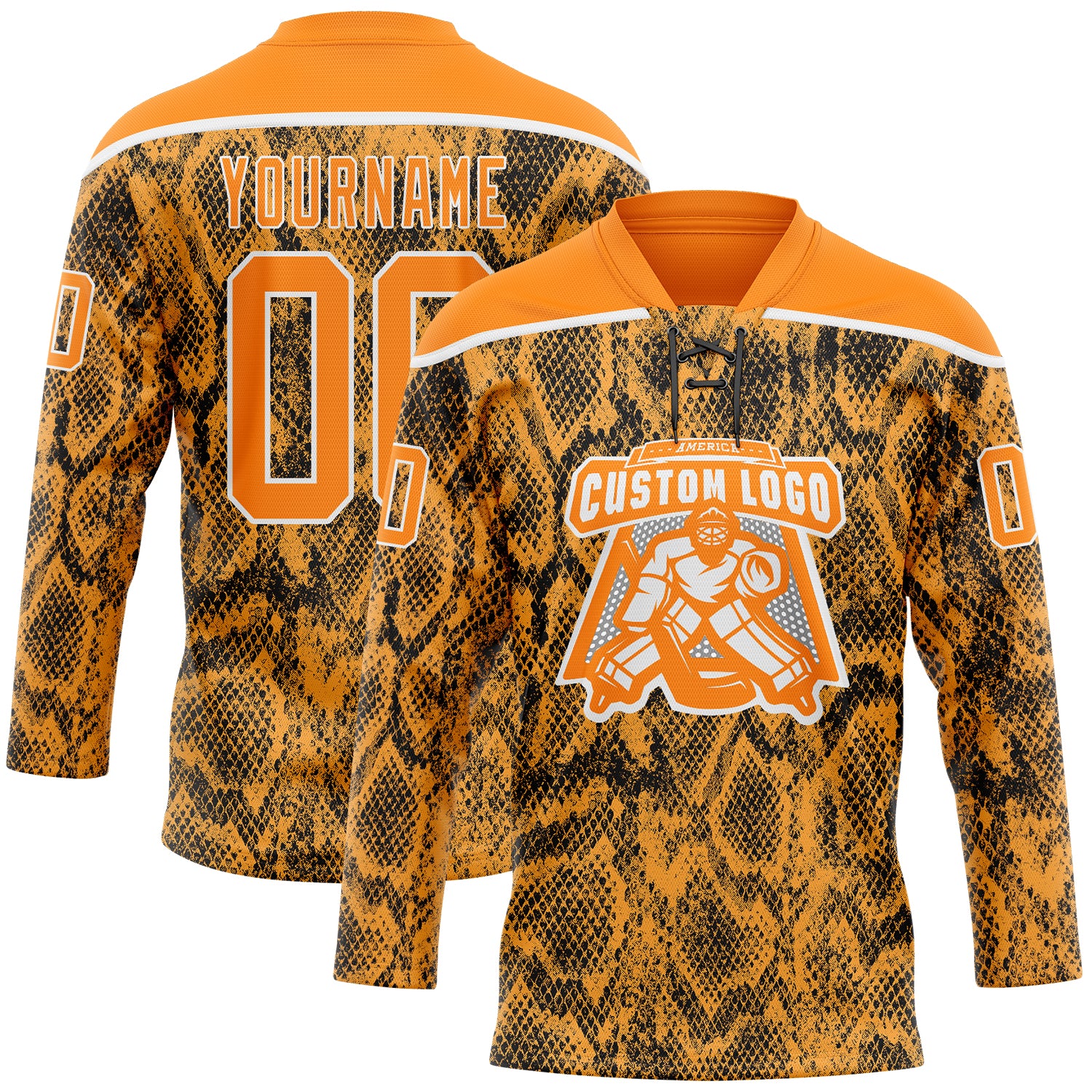 Custom Bay Orange Black-White 3D Pattern Snake Skin Print Hockey Lace Neck Jersey