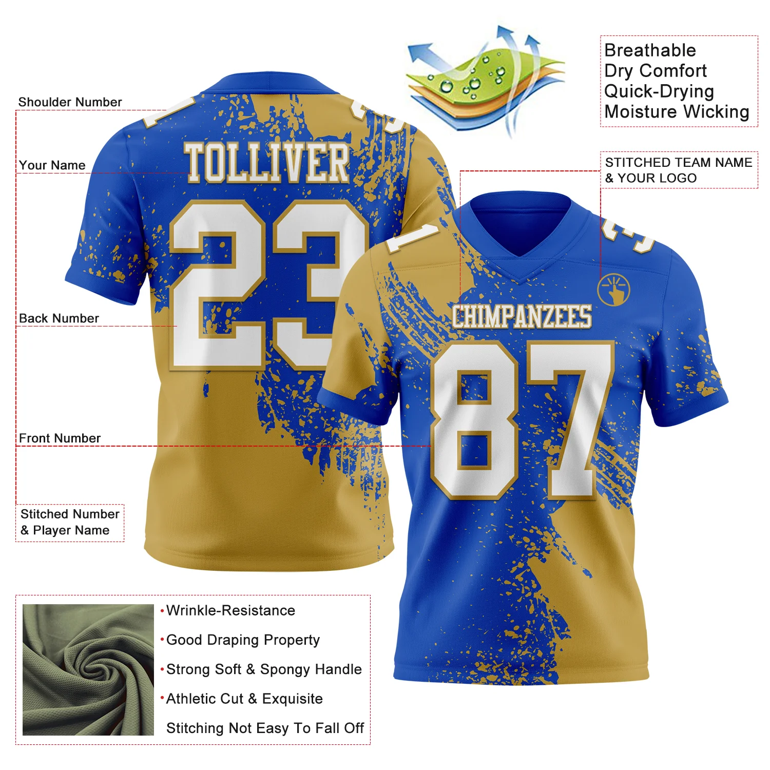 Custom Thunder Blue White-Old Gold 3D Pattern Abstract Brush Stroke Authentic Football Jersey