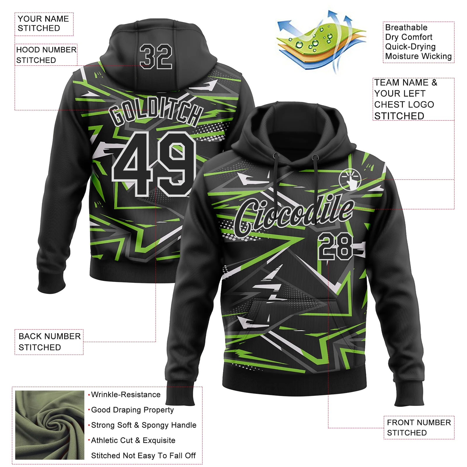 Custom Stitched Black Neon Green-White 3D Pattern Design Line Sports Pullover Sweatshirt Hoodie