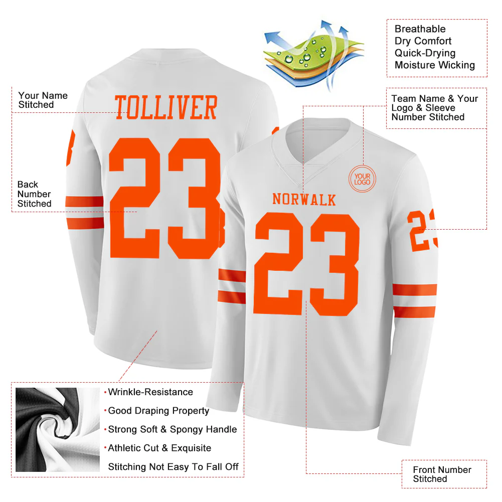 Custom White Orange Long Sleeve Authentic Football Jersey