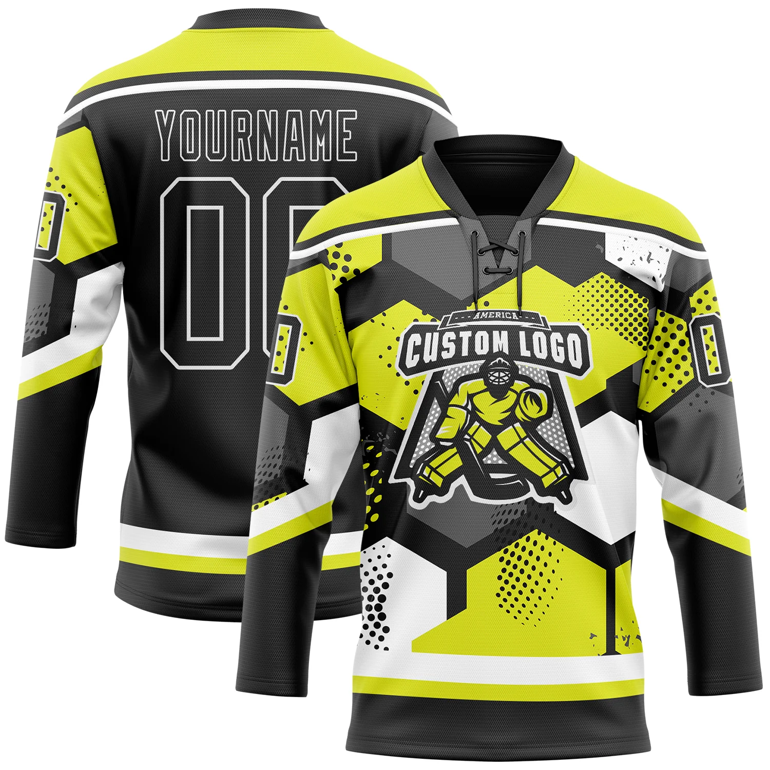 Custom Neon Yellow Black-White 3D Pattern Geometric Shape Hockey Lace Neck Jersey