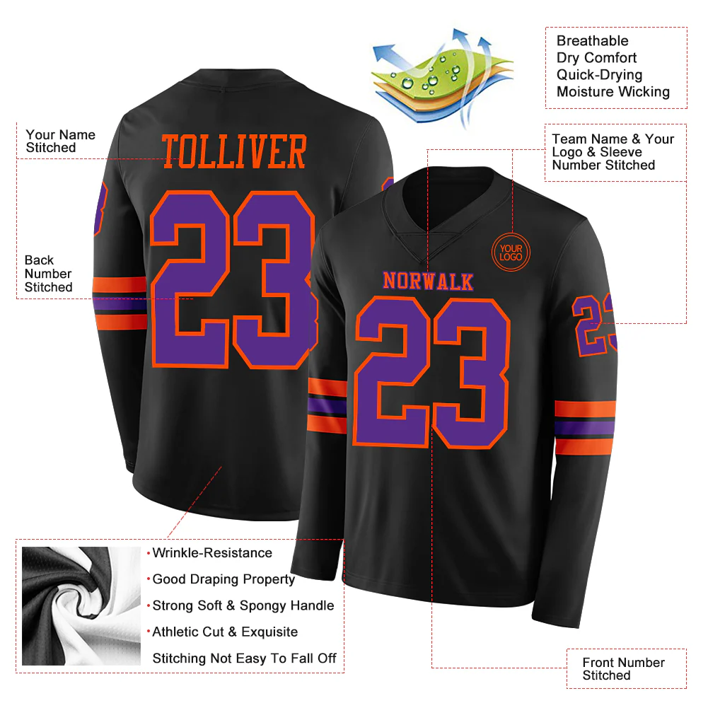 Custom Black Purple-Orange Long Sleeve Authentic Football Jersey
