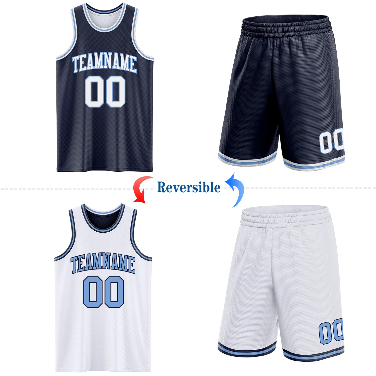 Custom Navy White-Light Blue Reversible Double Side Sublimation Basketball Suit Jersey