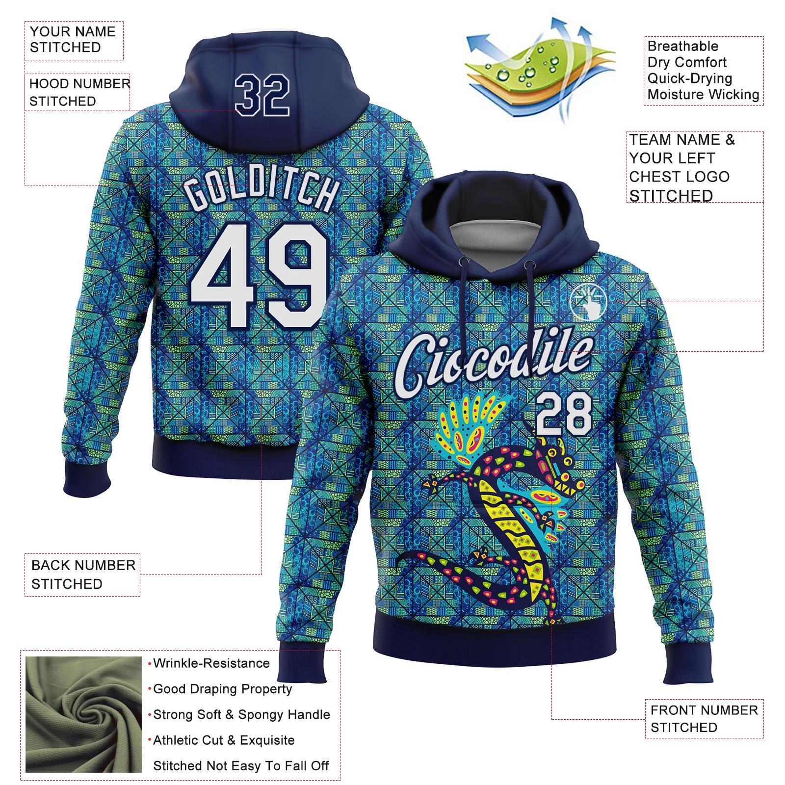 Custom Stitched Navy White-Aqua 3D Pattern Design Animal Dragon Geometric Shape Sports Pullover Sweatshirt Hoodie