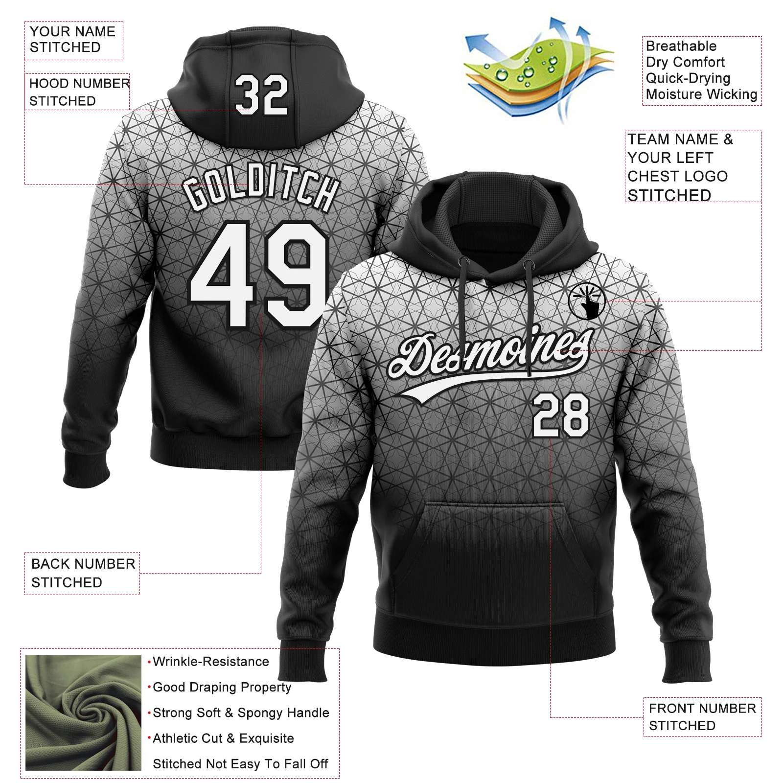 Custom Stitched Black White 3D Pattern Design Gradient Line Sportswear Pullover Sweatshirt Hoodie