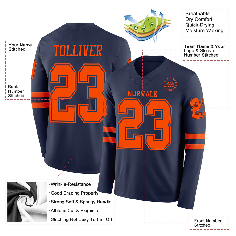 Custom Navy Orange Long Sleeve Authentic Football Jersey