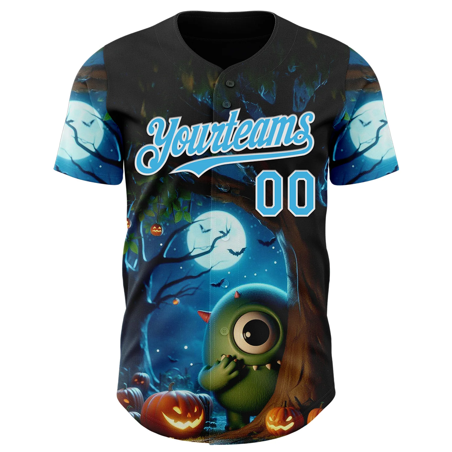 Custom Black Sky Blue-White 3D Halloween Spooky Pumpkin Authentic Baseball Jersey