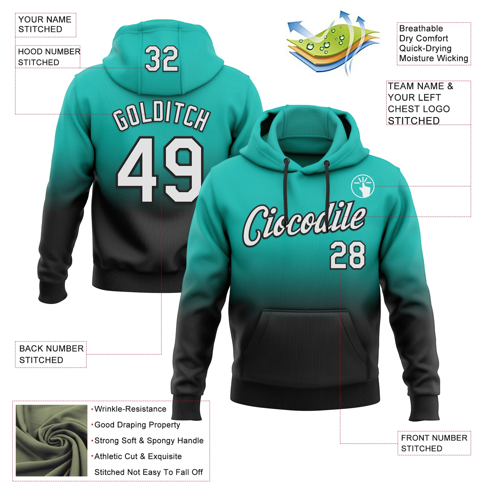 Custom Stitched Aqua White-Black Fade Fashion Sports Pullover Sweatshirt Hoodie