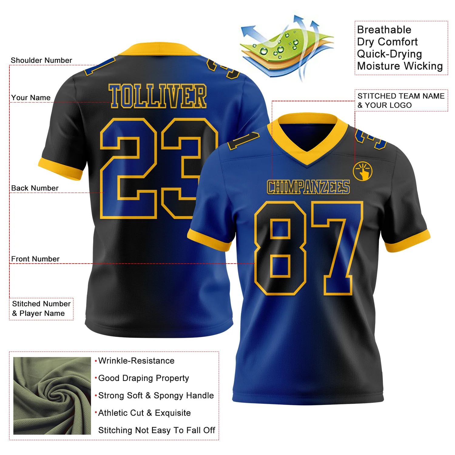 Custom Black Royal-Gold Authentic Gradient Fashion Football Jersey