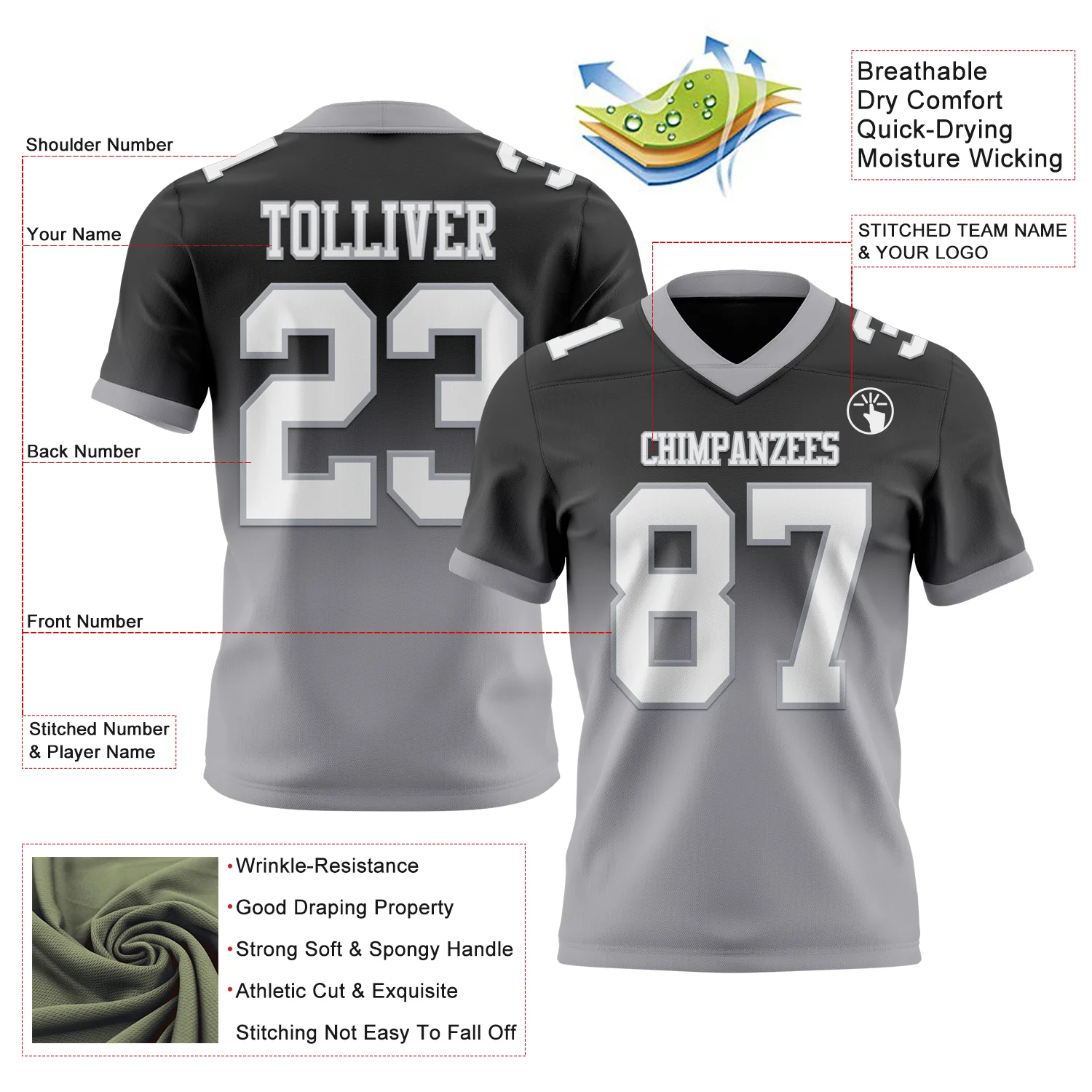 Custom Black White-Gray Authentic Fade Fashion Football Jersey