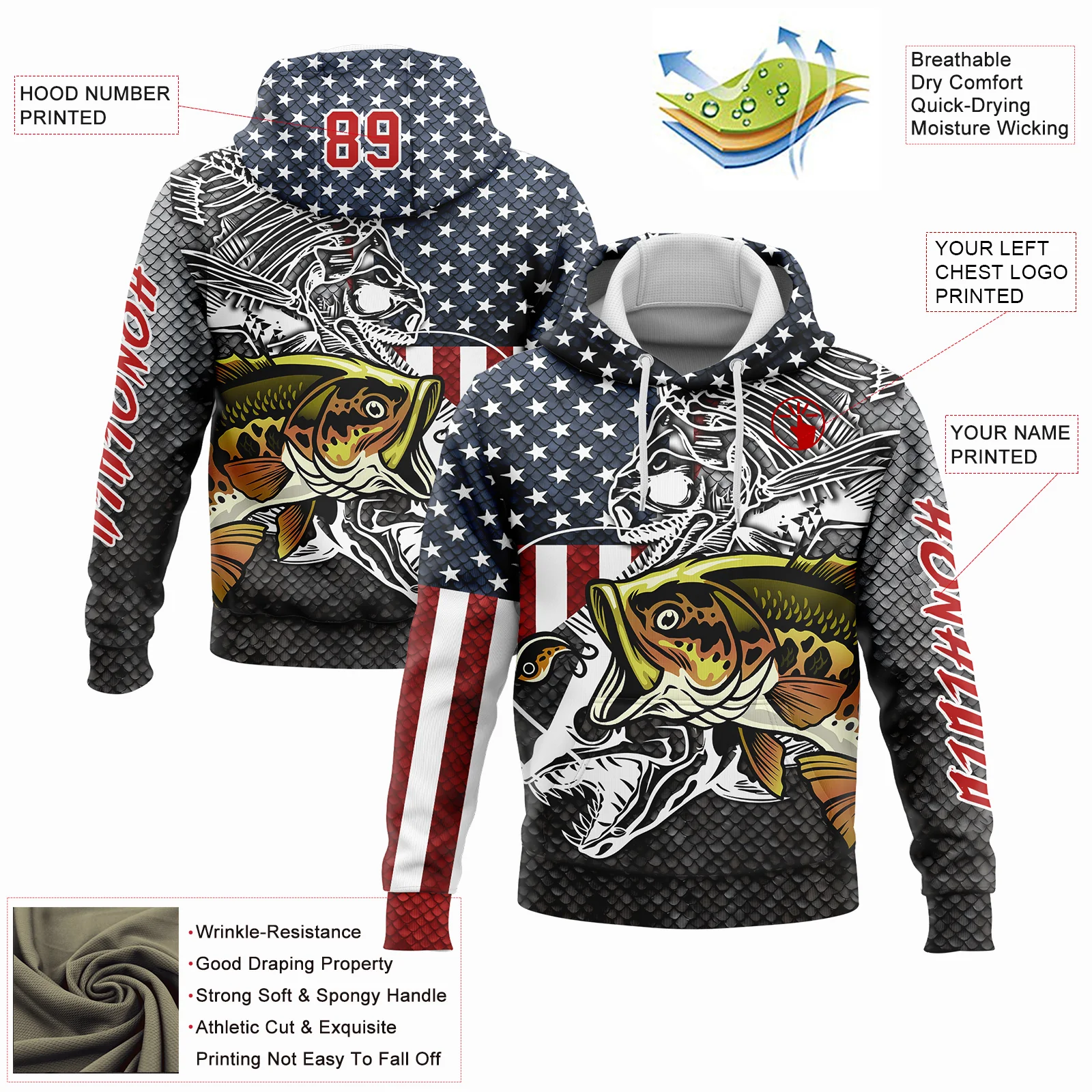 Custom Navy Red-Steel Gray 3D American Flag And Striped Bass Fish Fishing Sports Pullover Sweatshirt Hoodie