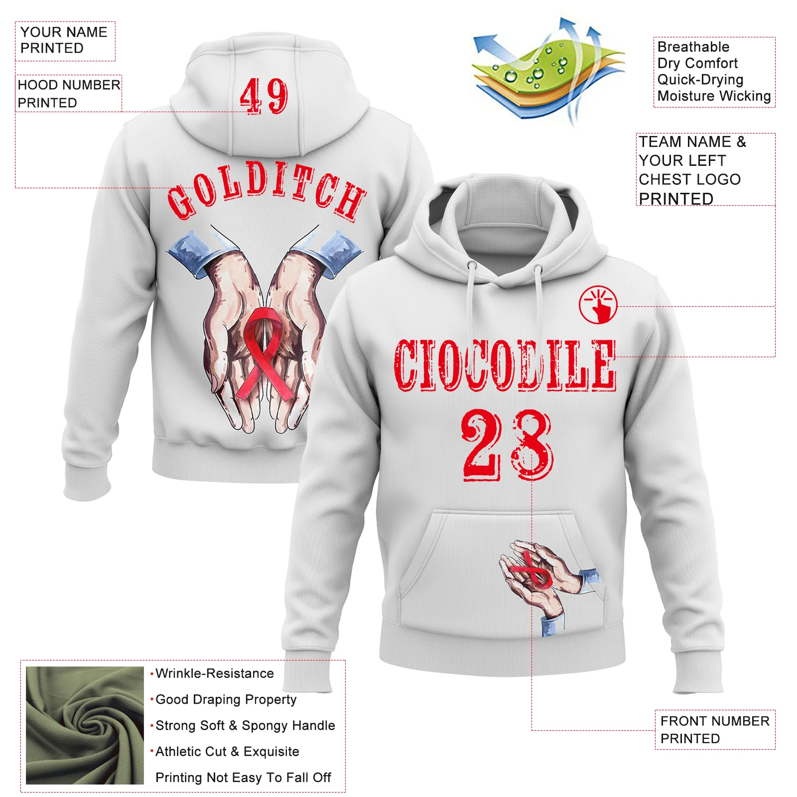 Custom White Fire Red 3D Blood Cancer World Cancer Day Ribbon Support Sports Pullover Sweatshirt Hoodie