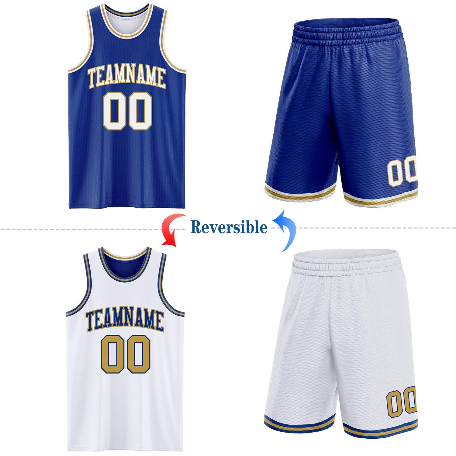 Custom Royal White-Old Gold Reversible Double Side Sublimation Basketball Suit Jersey