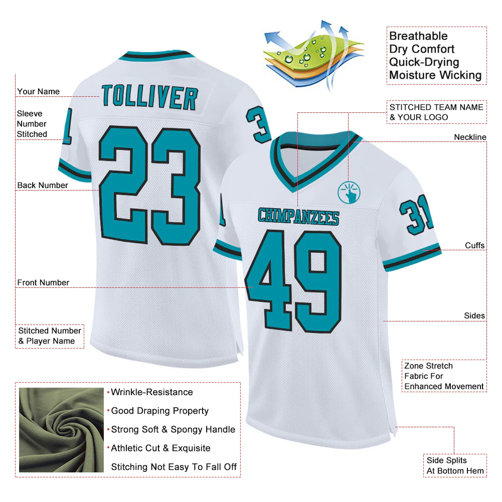 Custom White Teal-Black Mesh Authentic Throwback Football Jersey