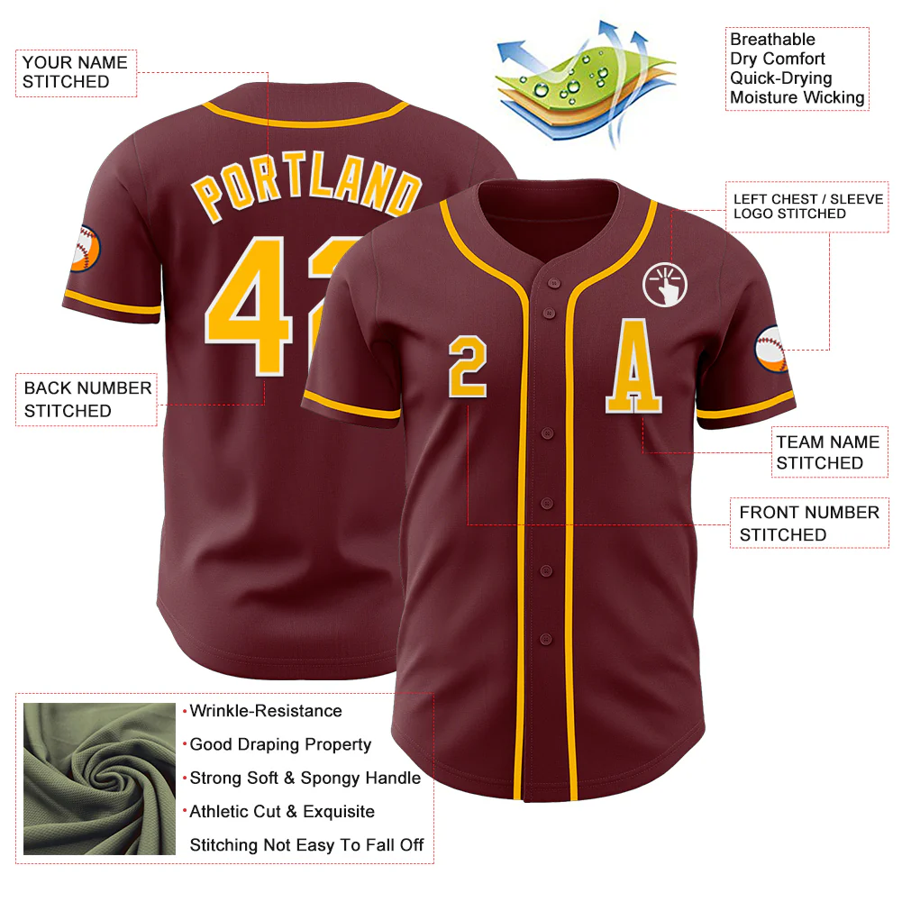 Custom Burgundy Gold-White Authentic Baseball Jersey