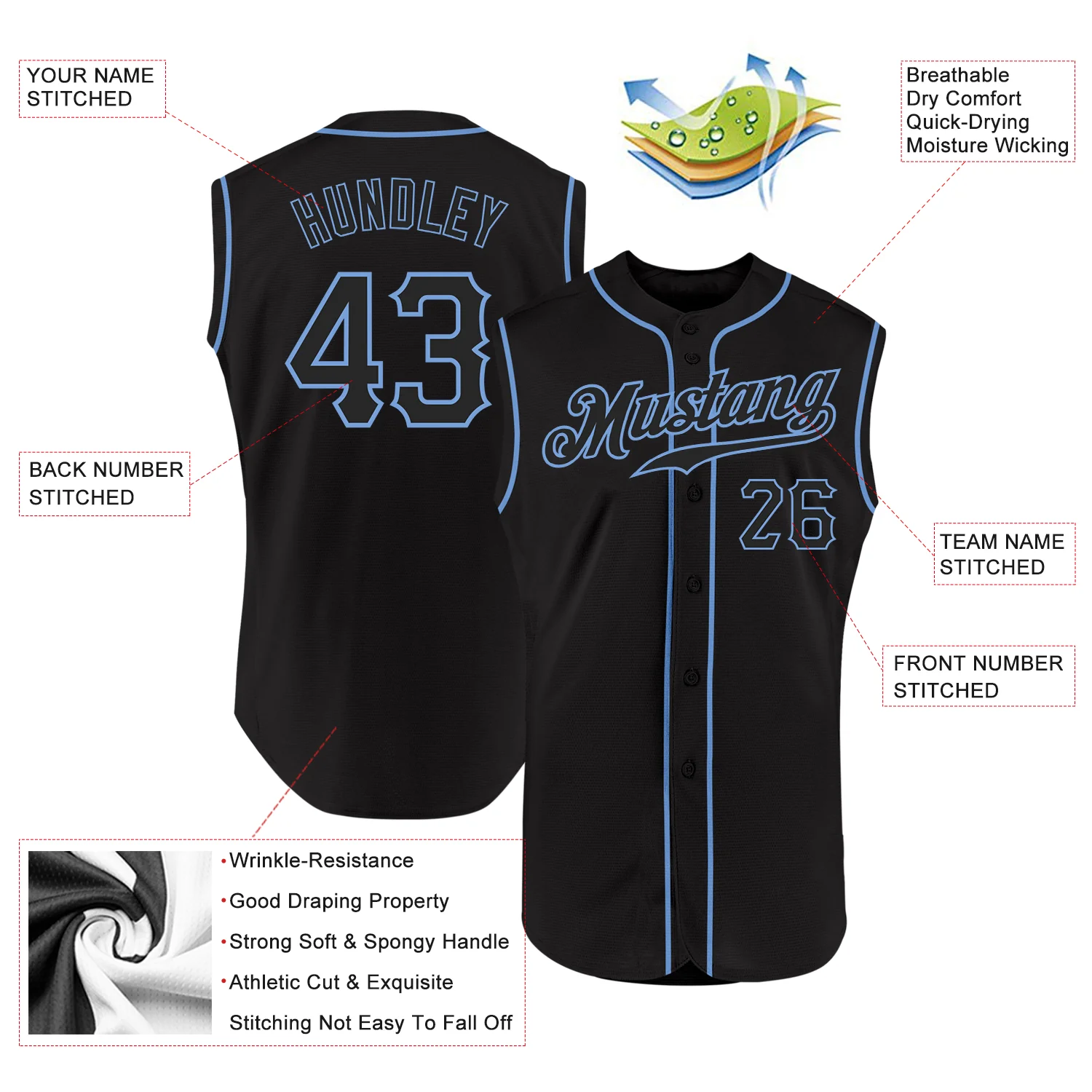 Custom Black Black-Light Blue Authentic Sleeveless Baseball Jersey