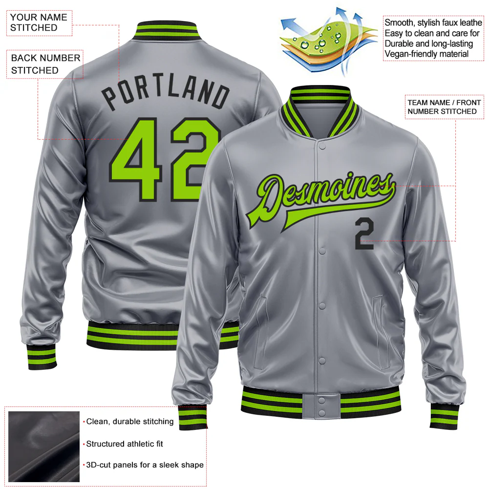 Custom Gray Neon Green-Black Bomber Full-Snap Varsity Faux Leather Letterman Jacket