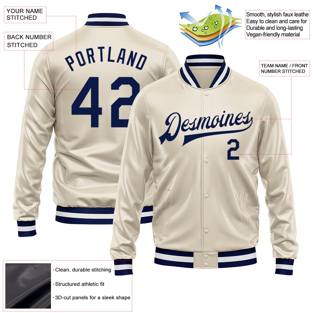 Custom Cream Navy Bomber Full-Snap Varsity Faux Leather Letterman Jacket