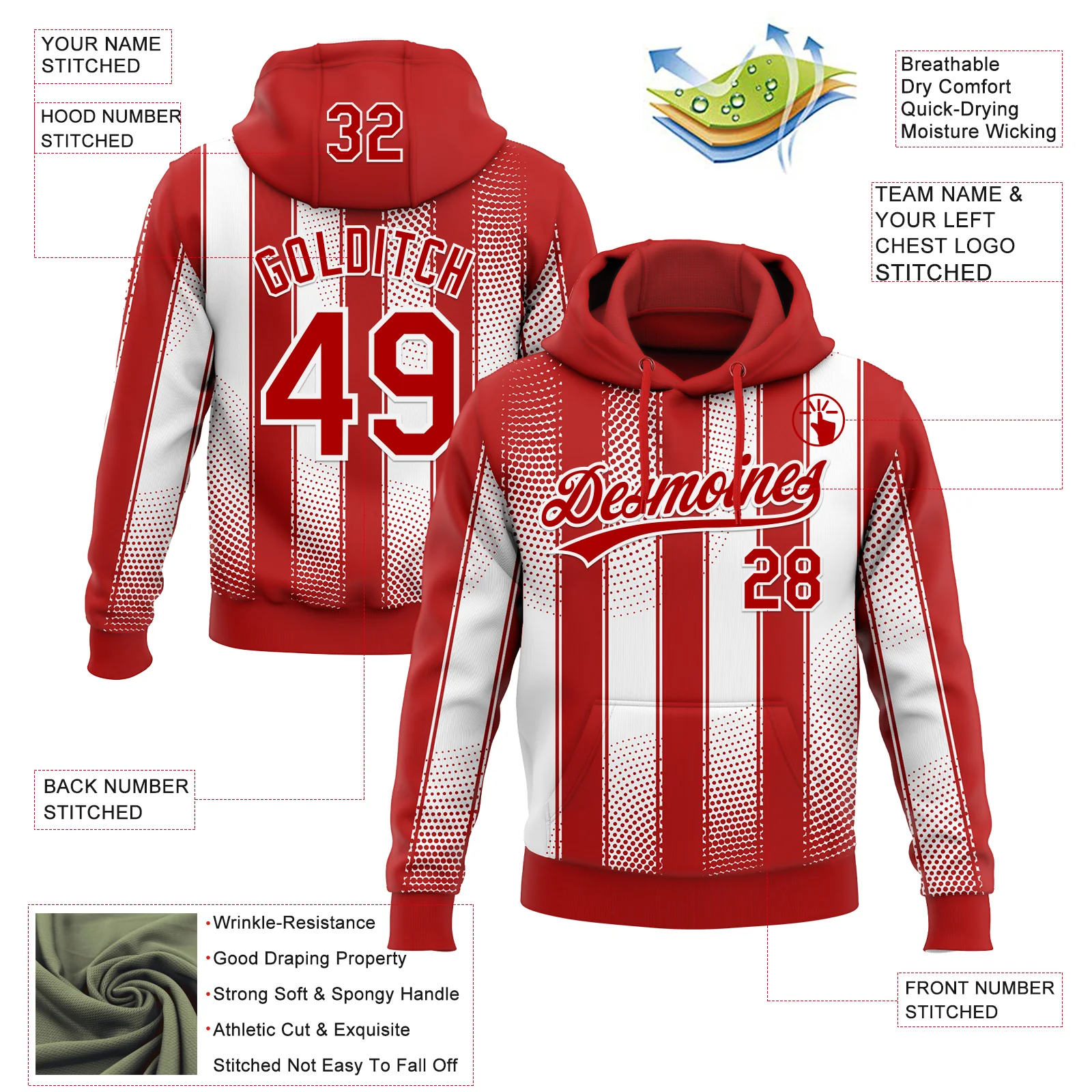 Custom Stitched Red White 3D Pattern Design Line Sportswear Pullover Sweatshirt Hoodie