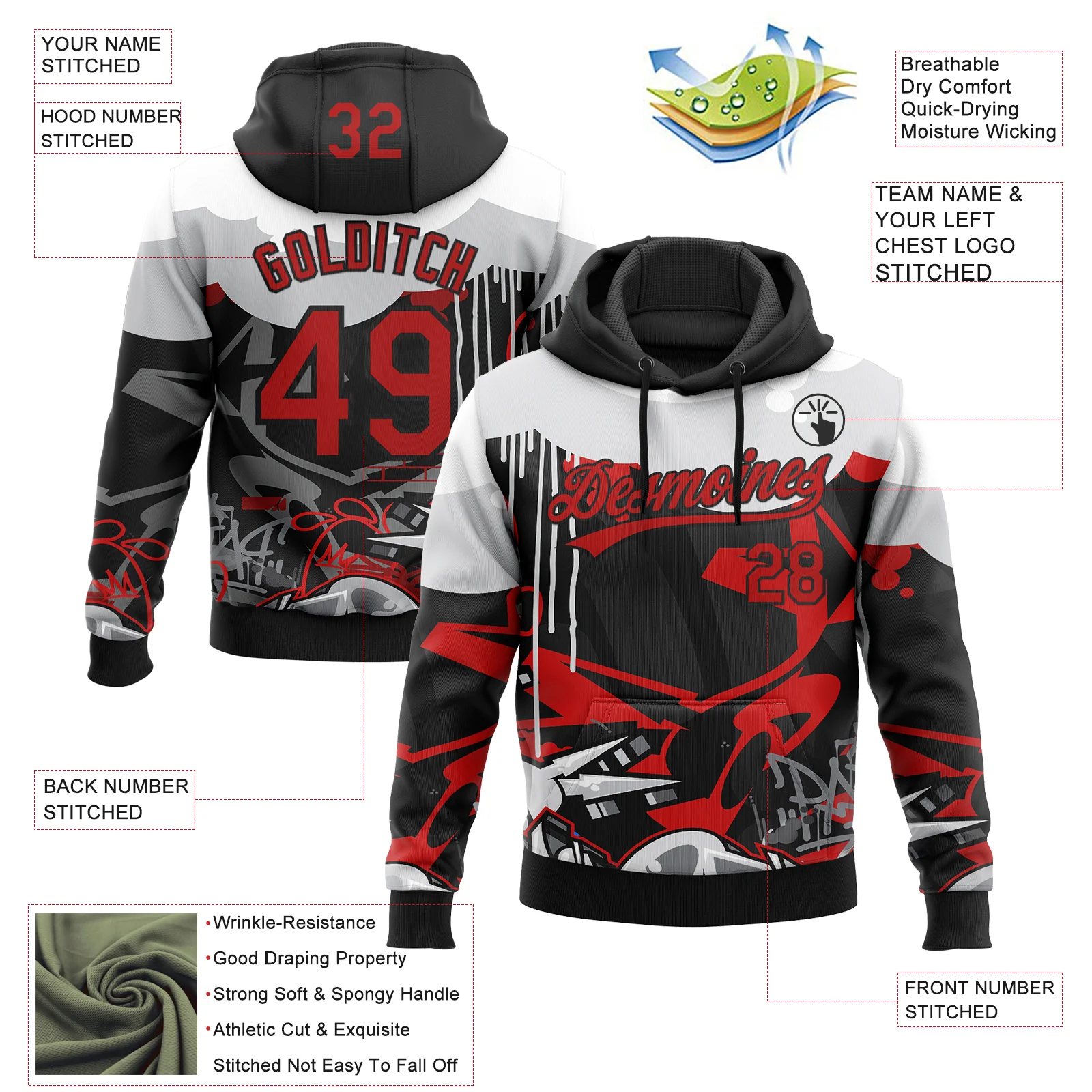 Custom Stitched Black Red Gray-White 3D Graffiti Splash Street Art Sports Pullover Sweatshirt Hoodie