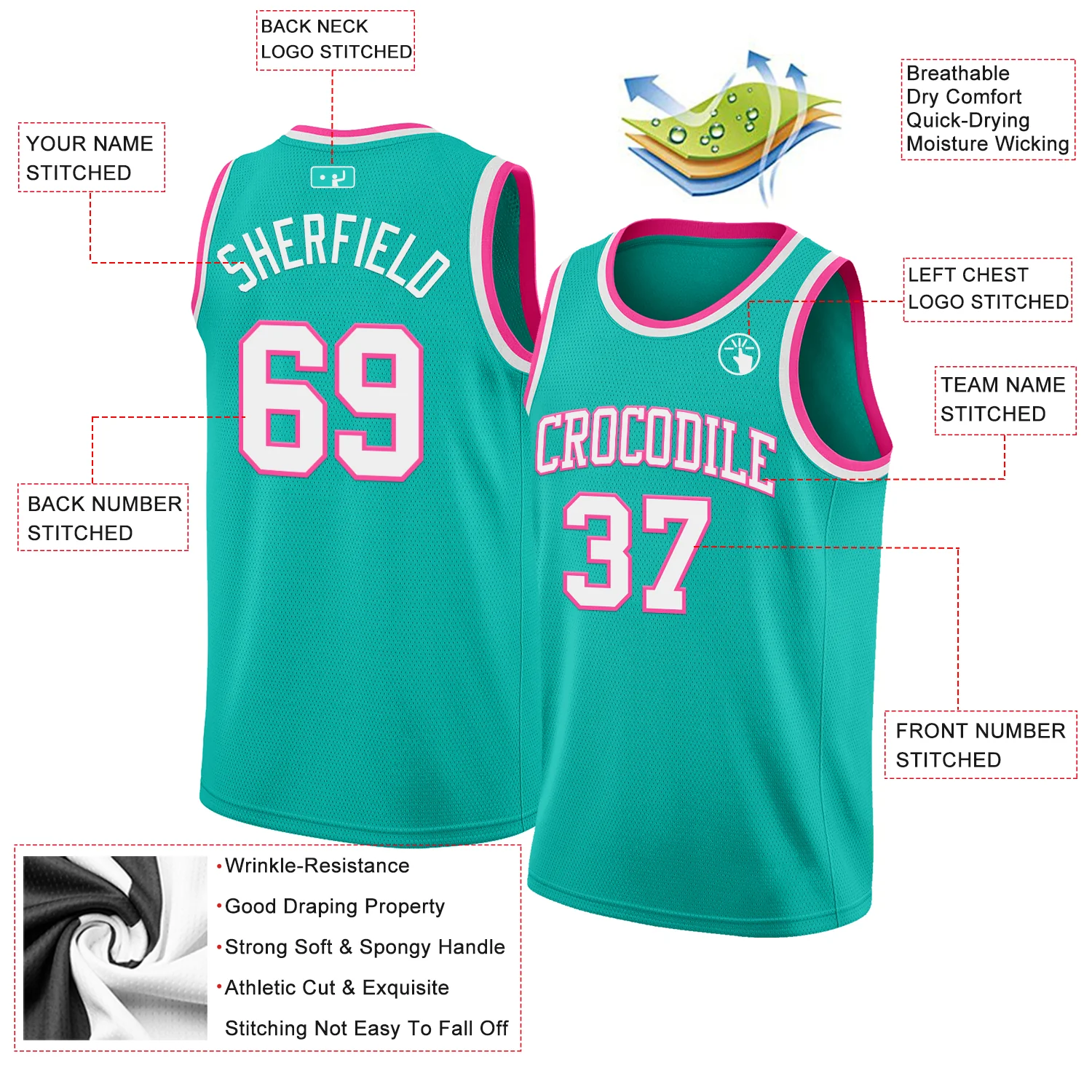 Custom Aqua White-Pink Authentic Basketball Jersey