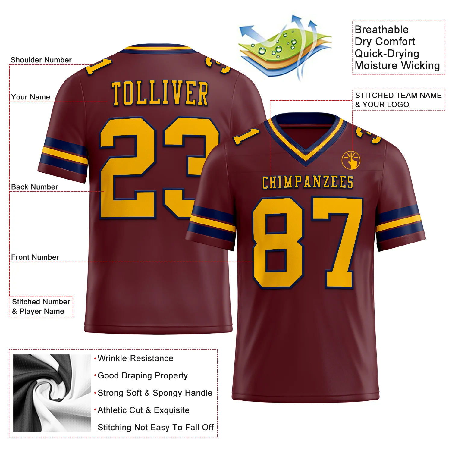 Custom Burgundy Gold-Navy Authentic Football Jersey