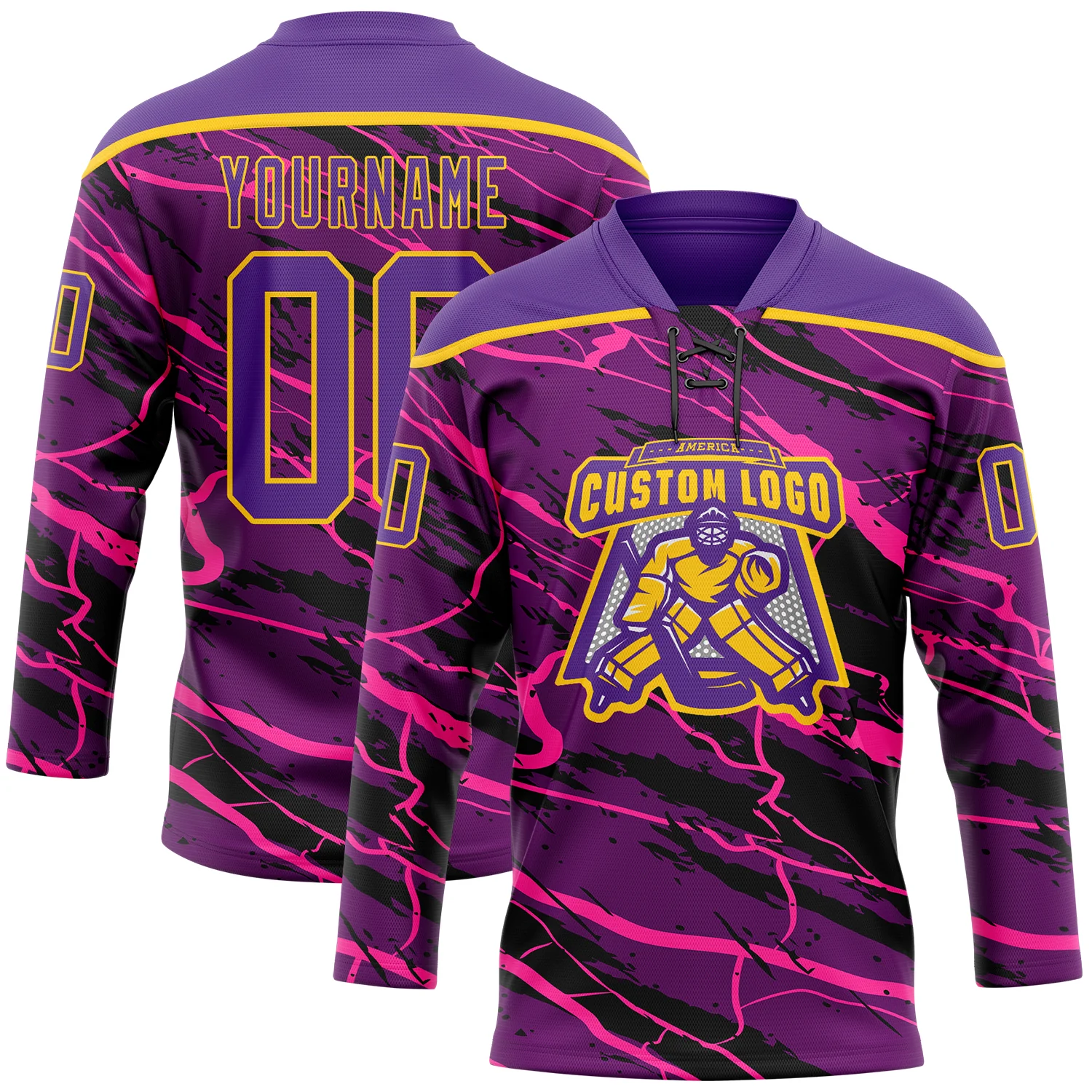 Custom Purple Black Pink-Yellow 3D Pattern Lightning Hockey Lace Neck Jersey