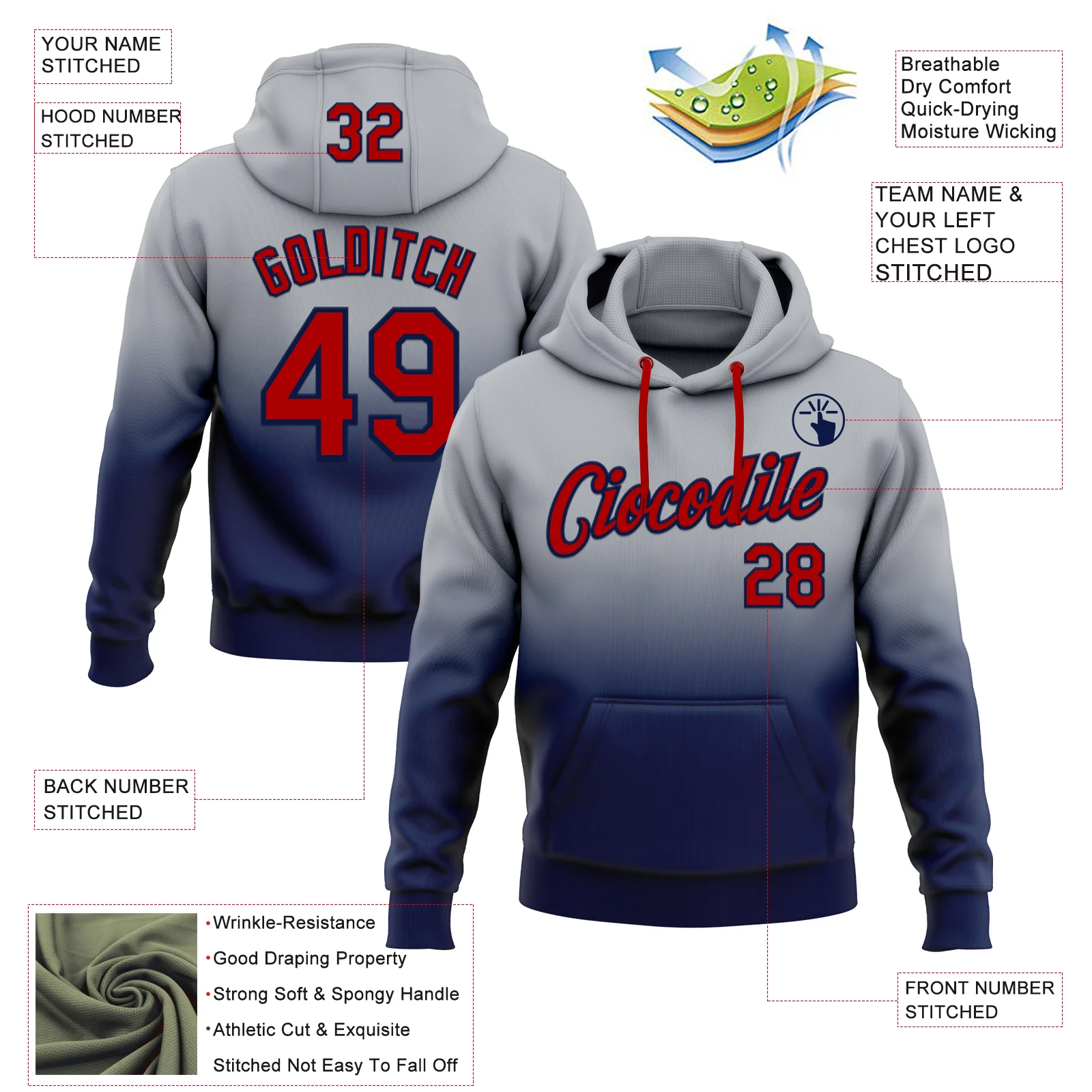 Custom Stitched Gray Red-Navy Fade Fashion Sports Pullover Sweatshirt Hoodie