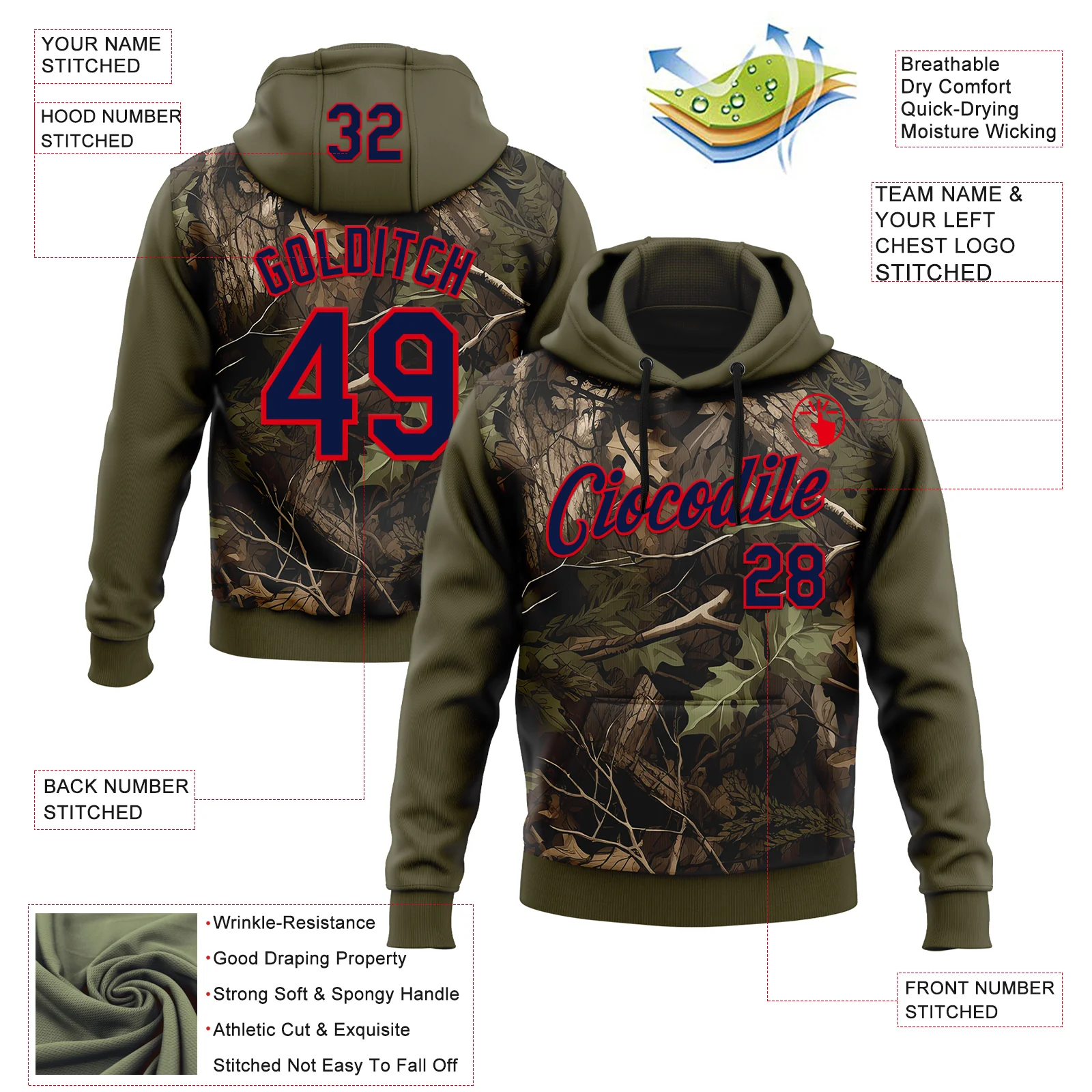 Custom Stitched Olive Navy-Fire Red 3D Pattern Design Tree Camo Hunting Sports Pullover Sweatshirt Salute To Service Hoodie