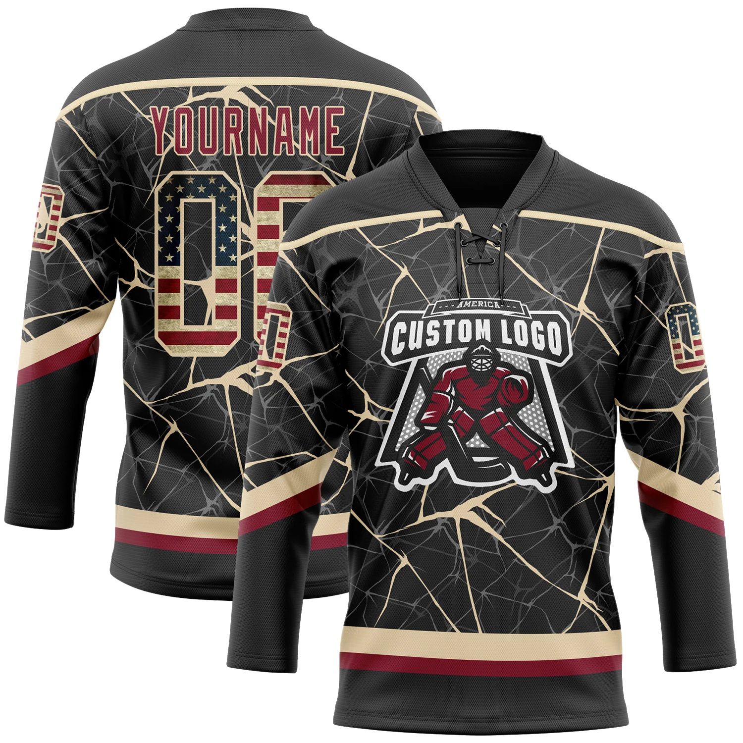 Custom Black Vintage USA Flag Crimson-City Cream 3D Pattern Abstract Network Hockey Lace Neck Jersey